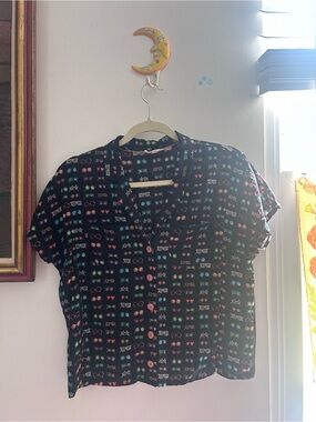 Anthropologie Carabel Sunglasses Print Silk Black Button Up Blouse Size Small